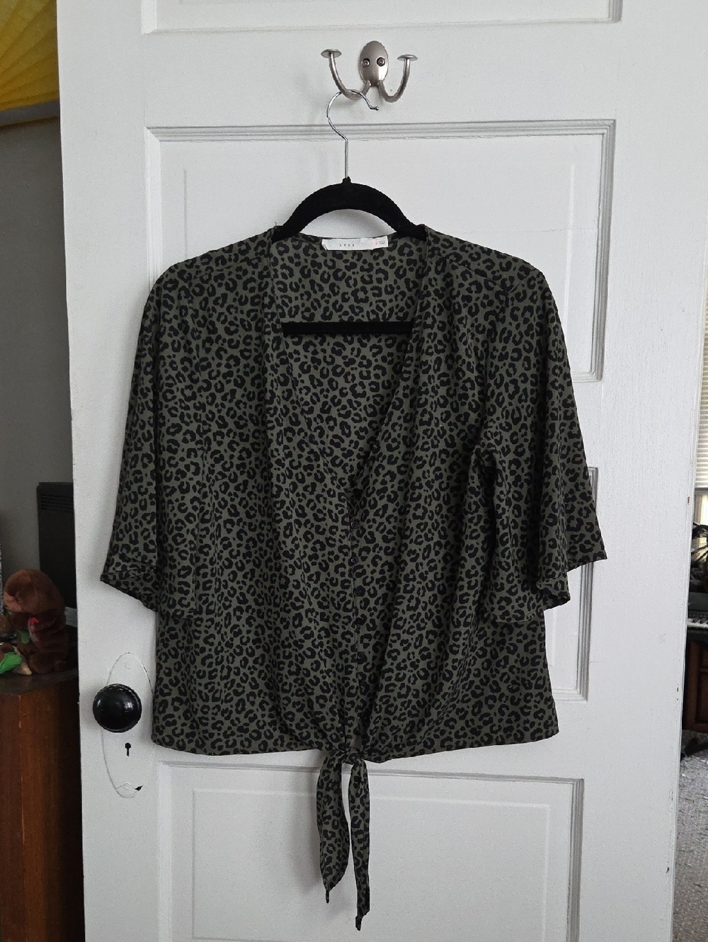 Lush Olive and Black Leopard Tie-Front Blouse